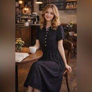 VTG MSK Black and White button front Polka Dot Tie Back Midi Maxi Dress modest